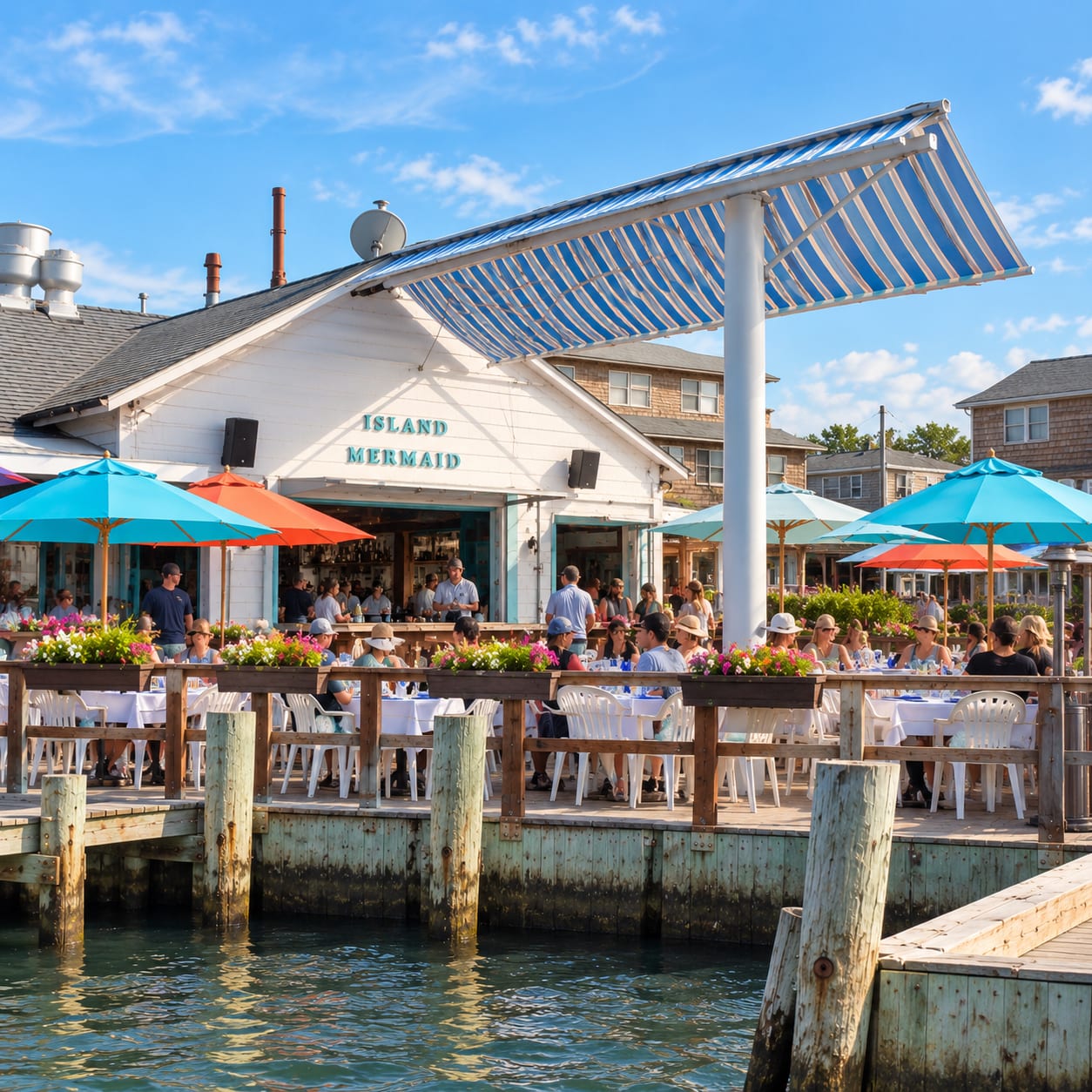 Island Mermaid at sunset — a white clapboard restaurant on the bay, its deck set with tables under striped umbrellas and strings of lights, the water glowing gold beyond.